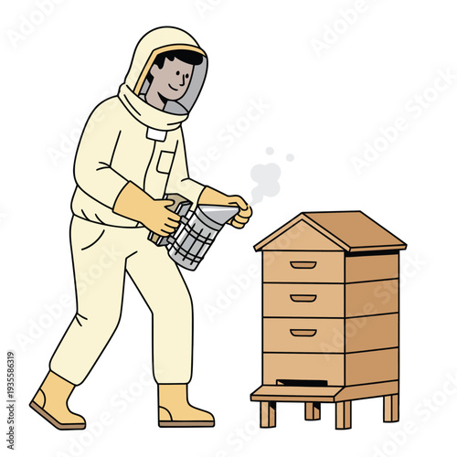 Minimal flat vector illustration of beekeeper using smoker tool near wooden beehive to calm bees during honey harvesting process.