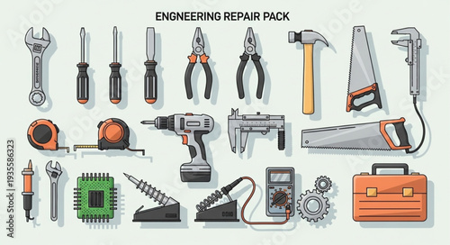 Collection of engineering and repair tools and equipment.