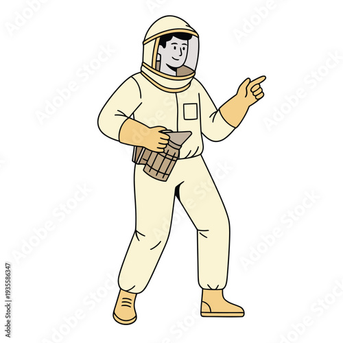 Minimal flat vector illustration of beekeeper wearing protective suit holding smoker tool and pointing direction, beekeeping activity concept.