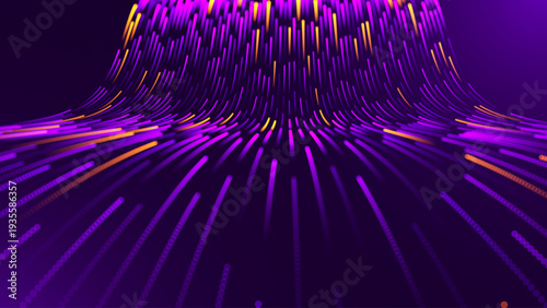 Glowing Optical Data Paths Radiate Through Void, Symbolizing Ultra-Fast Communication. Purple and Gold Light Trails For AI, 5G, And Tech Industry Visual Media.