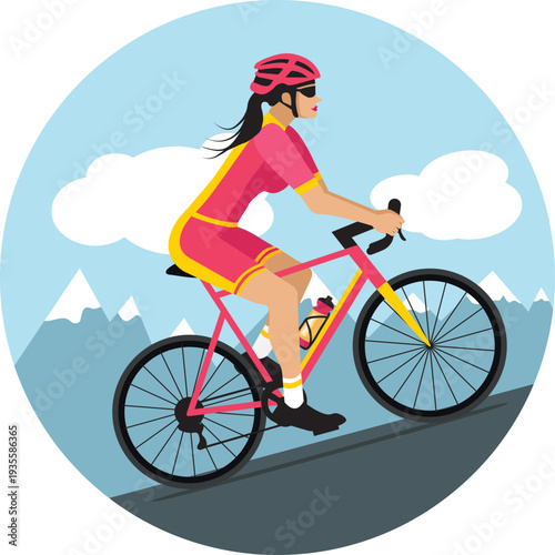 Female cyclist climbing a mountain pass. Hand-drawn vector illustration. Flat design in pink and yellow.