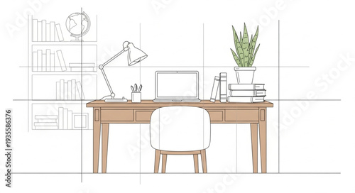 Modern Home Office Desk Setup with Laptop and Plant.