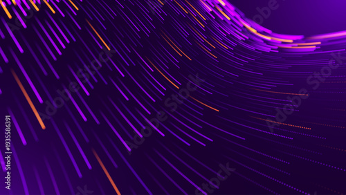 Futuristic Digital Streaks Emerge From Darkness, Representing AI-Powered Data Flow. Neon-Lit Optic Fiber Lines Create Dynamic Energy For 5G, Internet and Tech Media.