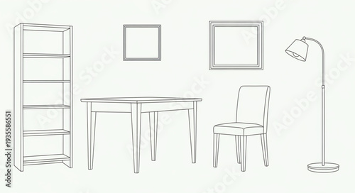 Minimalist furniture line drawing of a desk chair bookshelf and lamp.