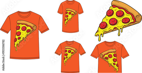 Orange t-shirt mockup set with melting cheese pepperoni pizza slice graphic, cad drawing flat vector illustration, isolated on white background