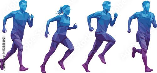 Set of low poly running people vector illustrations in purple and blue gradients isolated on white background for sports fitness design