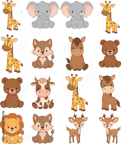 Collection of cute baby animal characters including giraffe, elephant, lion, deer, bear, and cow illustrations for children's design on white.