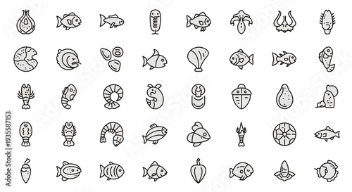 Collection of Simple Line Drawings of Various Sea Creatures and Objects.