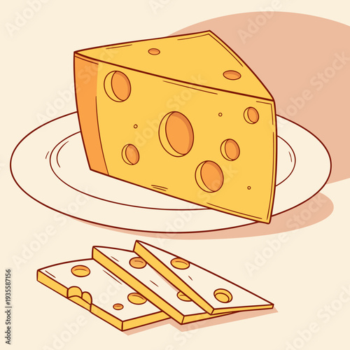 A clean, 2D digital illustration of Swiss cheese. It features a large triangular wedge sitting on a simple white plate, accompanied by three thin slices resting in the foreground.