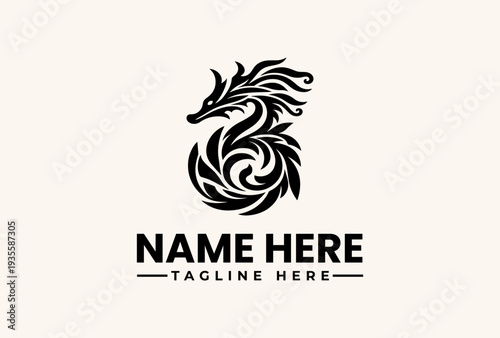 A black and white dragon logo illustration with flowing mane and customizable text on a beige background, featuring a stylized icon design.