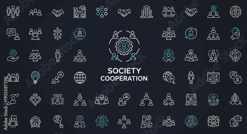 Collection of icons representing society and cooperation concepts.