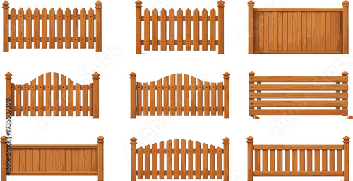 Set of wooden fence icons and garden borders in various styles including picket, privacy, and horizontal slat designs on white.
