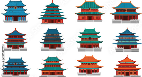 Traditional Asian pagoda temple collection featuring various multi-tiered oriental buildings, shrines, and historical architecture isolated on white background flat vector illustration
