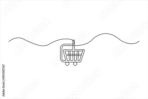 Minimalist continuous one-line drawing of a shopping cart integrated with a smartphone, representing mobile commerce and digital retail technology.