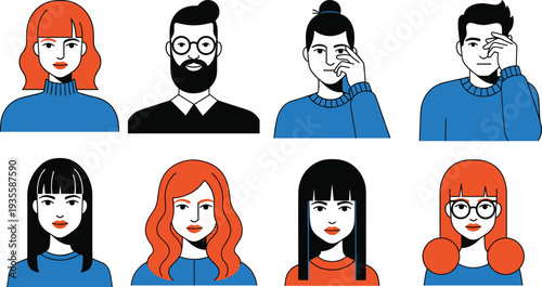Set of diverse people avatars with different hairstyles, eyeglasses, and blue and red sweaters, modern flat character vector illustration, isolated.