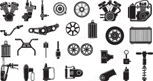 "A detailed collection of vector icons representing various motorbike parts and tools. Includes illustrations of helmets, engines, gears, spanners, wheels, and other motorcycle-related elements