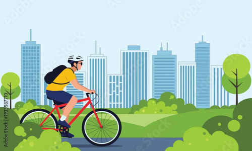 Cyclist riding bicycle in park with city skyline background