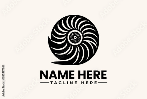 A black and white illustration of a nautilus shell logo with a placeholder text 'NAME HERE' and 'TAGLINE HERE' in a clean, minimalist design against a beige background.