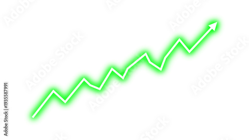 Neon glowing green graph line arrow chart moving up concept of stock market business growth, financial profit, economic success, investment increase. Shiny business grow up sign vector illustration.