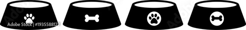 Set of four black dog bowls with bone and paw print designs