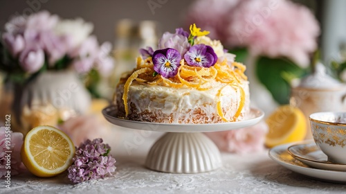A lemon ricotta cake topped with candied lemon peel curls and edible flowers is styled for a spring bridal shower dessert table with pastel decorations and soft diffused lighting