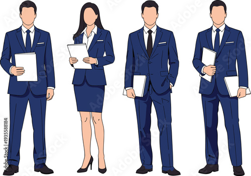 Set of professional business people in blue suits holding documents, corporate team characters for office work, recruitment, and management design.