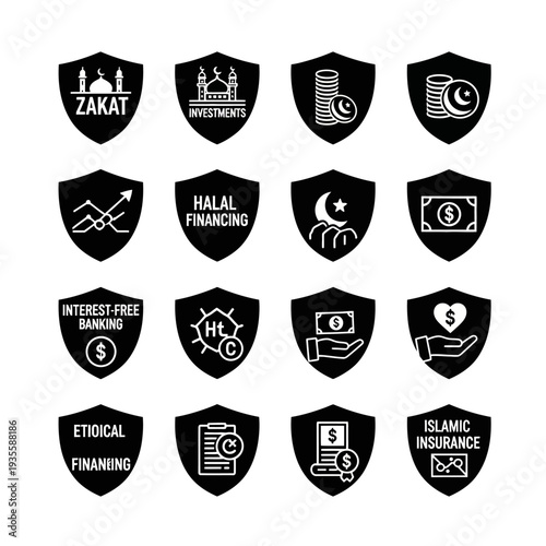 Collection of black and white shield icons representing various concepts of Islamic finance, banking, and ethical investments.