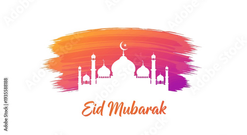 Mosque silhouette at sunset with Eid Mubarak greeting Vector