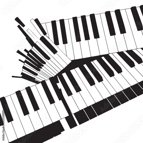 Dynamic black and white piano keyboard collage with diagonal layers and abstract geometric design.
