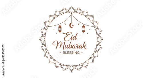 Eid Mubarak celebration with lanterns and crescent moon in geometric pattern