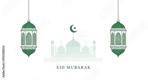 Eid Mubarak celebration illustration with mosque and lanterns