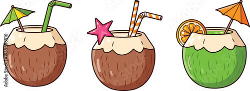 Set of fresh tropical coconut cocktails with colorful umbrellas, straws, orange slices, and starfish, summer beach drink vector illustration, white background.