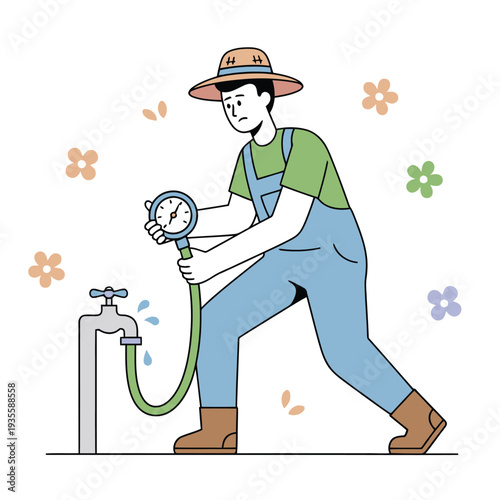 Minimal flat vector illustration of farmer checking water pressure gauge connected to irrigation pipe, agriculture irrigation system concept.