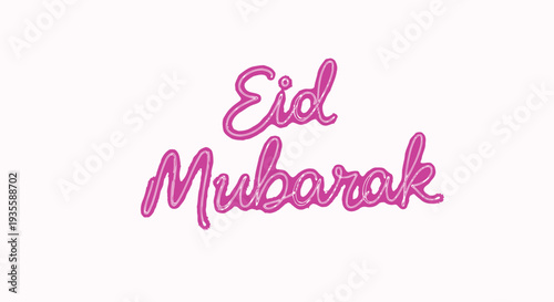 Eid Mubarak greeting card with pink neon text on white background Vector