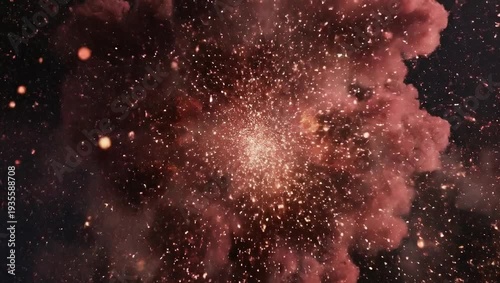 Explosion of red and yellow particles on a black background.