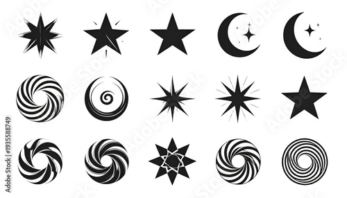 A collection of various celestial and abstract symbols and shapes isolated on transparent background