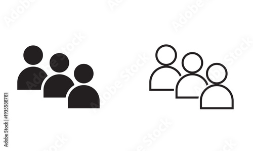 Employee team icon. Three simple outline illustrations showing groups of people in different line weights, representing teamwork, community, and corporate structure concepts.