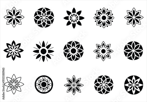 Set of Stylized Black Flower Icons symbol abstract
