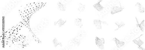 Vector particle flow formed by dynamic black textures. Organic particle shape with depth and movement. Noise texture with dynamic particle textures for design overlay.
