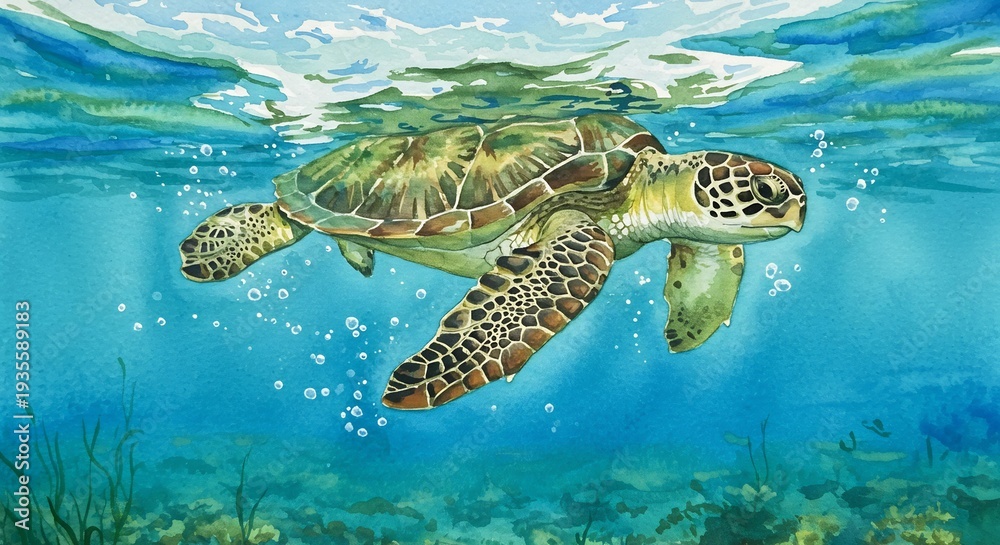 Obraz premium 陽光きらめく水面から差し込む光が美しい透明な海中を優雅に泳ぐウミガメ 鮮やかな緑の甲羅と気泡が織りなす神秘的な水中世界. AI Generated