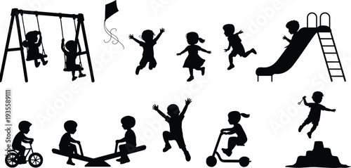 Children playing silhouettes set with playground activities swing slide scooter bicycle jumping kids vector illustration isolated on white background
