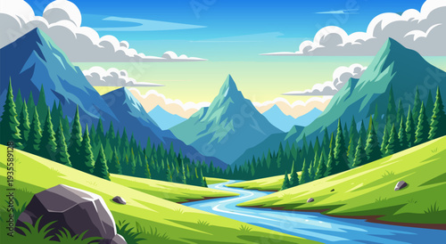 Scenic mountain landscape with a flowing river and green hills, vector illustration, vibrant colors, springtime scenery