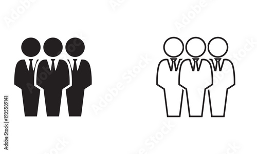 Employee team icon. Three simple outline illustrations showing groups of people in different line weights, representing teamwork, community, and corporate structure concepts.