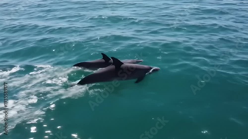 Two dolphins jump joyfully from rippling aquamarine ocean water on a sunny day