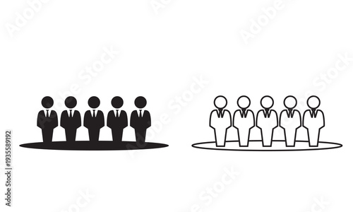 Employee team icon. Three simple outline illustrations showing groups of people in different line weights, representing teamwork, community, and corporate structure concepts.