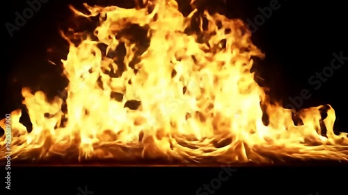 Intense flames engulf a dark space, radiating heat and light with golden hues