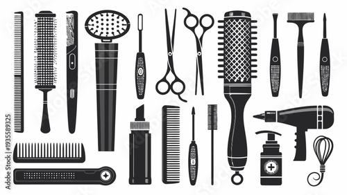 Vector collection of professional hairstyling tools and equipment for salon use and beauty services