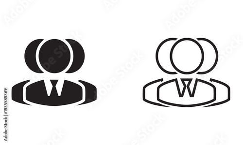 Employee team icon. Three simple outline illustrations showing groups of people in different line weights, representing teamwork, community, and corporate structure concepts.