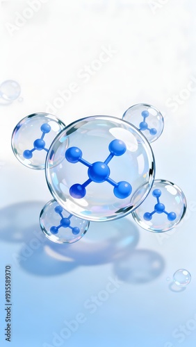 Molecular structure illustration with blue atoms and transparent spheres on a light background