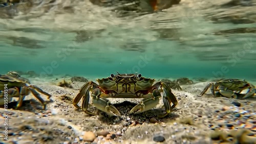 Underwater view of crabs scuttling across a sandy ocean floor with teal water above
